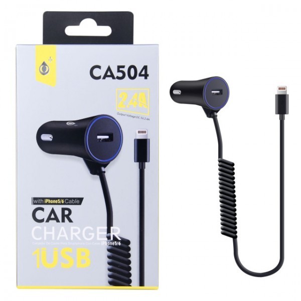 Nabíječka do auta PLUS CA504 s kabelem pro iPhone lightning, výstup 2.4A, černá