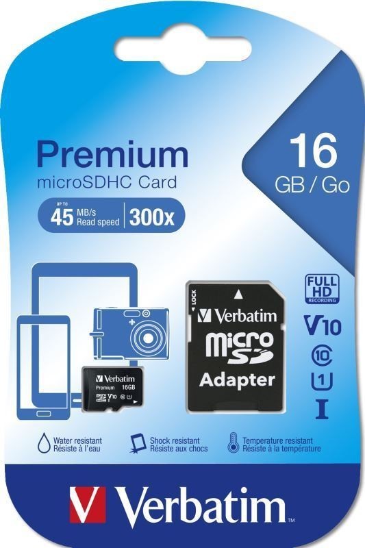SDHC 16GB micro paměťová karta PREMIUM UHS-I (U1) (45MB/s), V10, Class 10 + adapter Verbatim