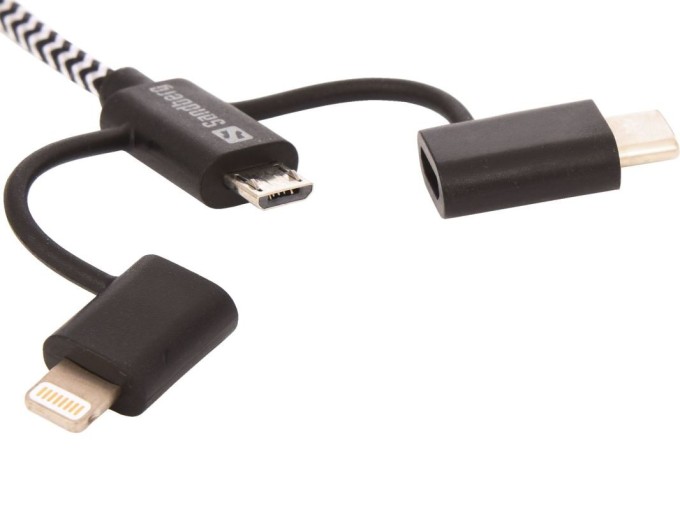 Sandberg 3v1 Sync + Charge kabel, Lightning+MicroUSB+USB-C, 1m, černý