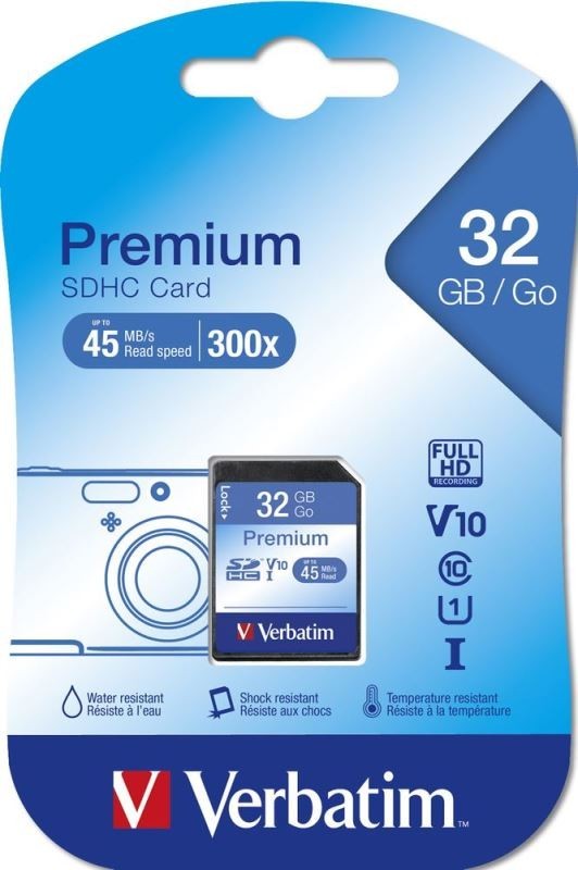 SDHC 32GB paměťová karta PREMIUM UHS-I (U1) (45MB/s), V10, Class 10 Verbatim
