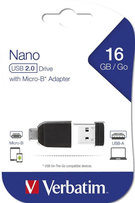 16GB USB 2v1 OTG Flash 2.0 NANO Store'n'Stay s micro USB adaptérem , černý Verbatim P-blist