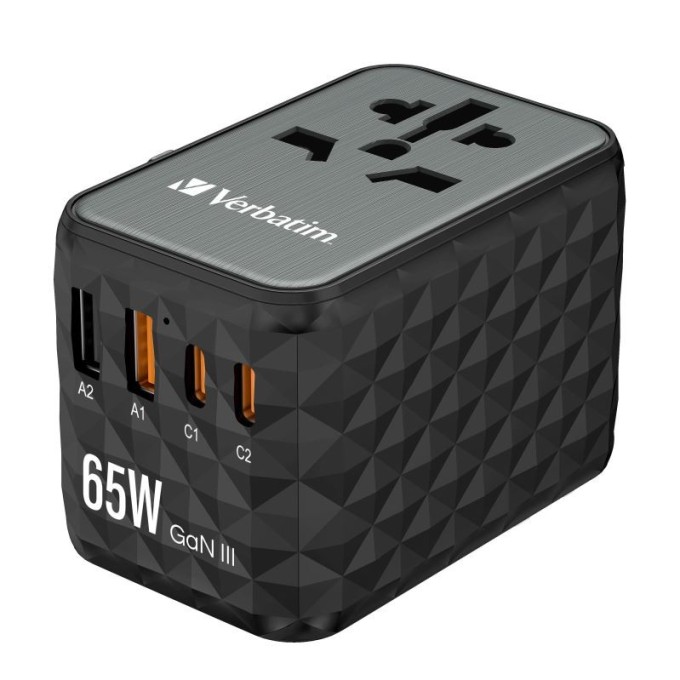 Verbatim GaN III univerzální cestovní adaptér UTA-05, 2xUSB-C, PD 65W a QC4+/2xUSB-A černá