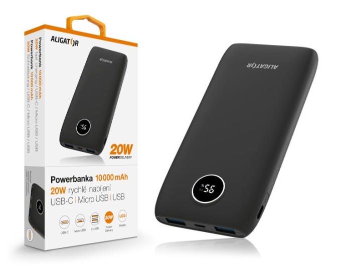 Power bank ALIGATOR PD20W+QC22.5W,10000mAh,černá