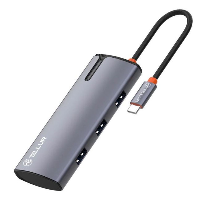 Tellur USB-C hub, 1xPD 3.0 100W, 1xHDMI 4K, 3xUSB 3.0, aluminum, šedá